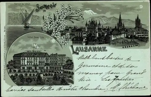 Mondschein Litho Lausanne Kanton Waadt, Barque du Leman, Hotel Beau Site, Stadtansicht