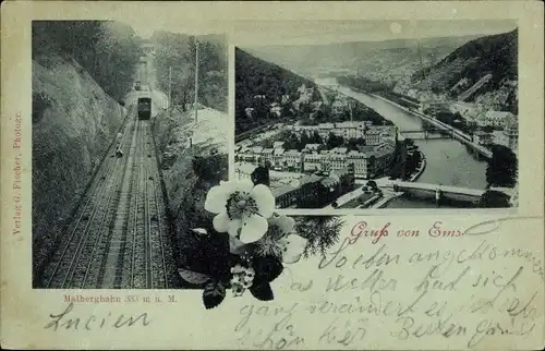 Mondschein Ak Bad Ems an der Lahn, Malbergbahn, Panorama