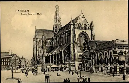 Ak Haarlem Nordholland Niederlande, Groote Kerk met Markt
