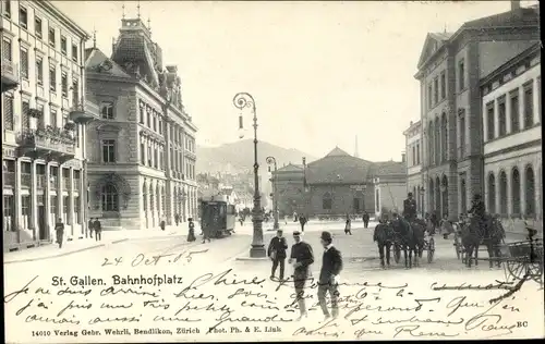 Ak Sankt Gallen Stadt Schweiz, Bahnhofplatz mit Bahnhof, Straßenbahn