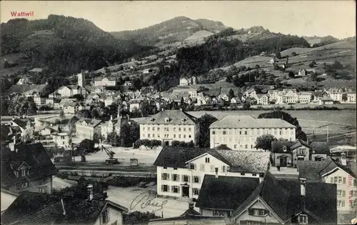 Ak Wattwil Kanton St. Gallen, Blick auf den Ort, Bahnhof