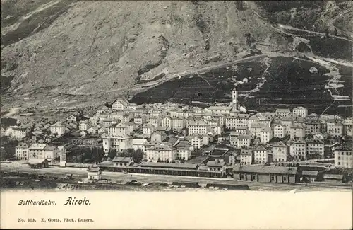 Ak Airolo Kanton Tessin Schweiz, Blick auf den Ort, Gotthardbahn, Bahnhof