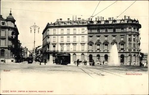 Ak Bâle Basel Stadt Schweiz, Aeschenplatz, Springbrunnen, Straßenbahnen