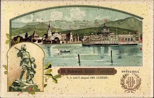 Präge Passepartout Litho Luzern Stadt Schweiz, III. Schweiz. Grütli Turnfest 1901, Stadtansicht,Tell