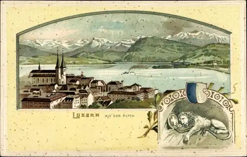 Präge Passepartout Litho Luzern Stadt Schweiz, Stadtansicht, Alpen, Löwendenkmal