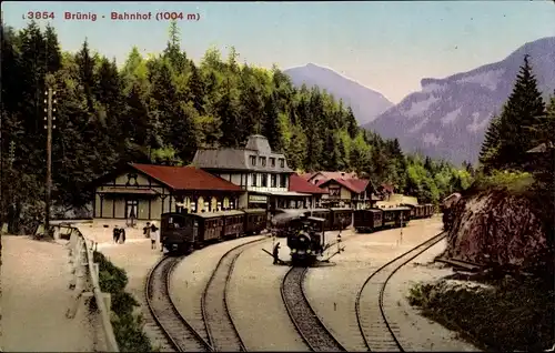 Ak Brünig Meiringen Kt Bern Schweiz, Bahnhof, Gleisseite, Dampflok