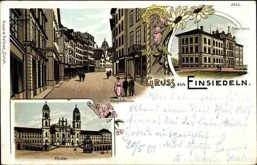 Litho Einsiedeln Kanton Schwyz Schweiz, Schulhaus, Kloster, Hauptstraße