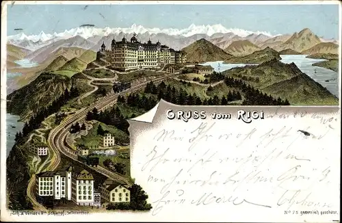 Litho Küssnacht Kt. Schwyz Schweiz, Gruß vom Rigi, Rigi Kulm, Zahnradbahn, Hotel