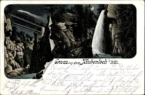 Mondschein Litho Biel Bienne Kt. Bern Schweiz, Gruß aus dem Taubenloch, Eisenbahnviadukt, Wasserfall