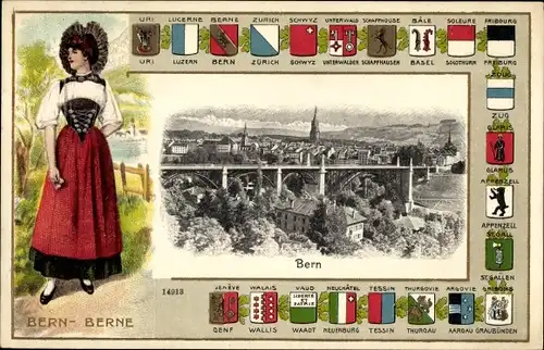 Präge Wappen Ak Bern Stadt Schweiz, Frau in Tracht, Stadtansicht, Kantonalwappen