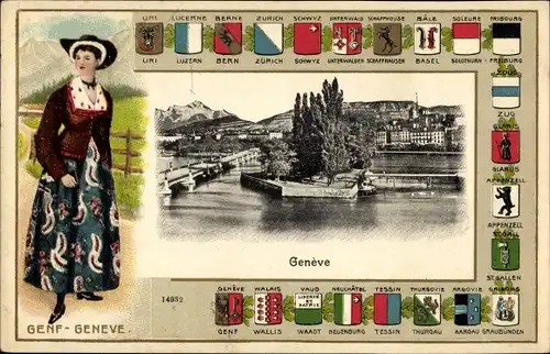 Präge Wappen Ak Genf Schweiz, Frau in Tracht, Wappen, Blick zum Ort