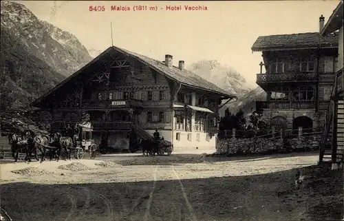 Ak Maloja Kanton Graubünden, Hotel Vecchia, Postkutsche