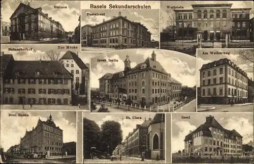Ak Bâle Basel Stadt Schweiz, Sekundarschulen, Wettstein, Insel, St. Clara, Isaak Iselin, Zur Mücke