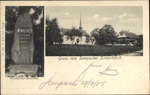 Ak Sempach Kanton Luzern, Sempacher Schlachtfeld, Winkelried Denkmal, Kirche