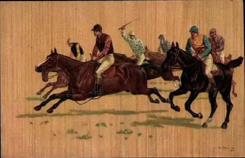 Künstler Ak Jockeys zu Pferden, Pferderennsport