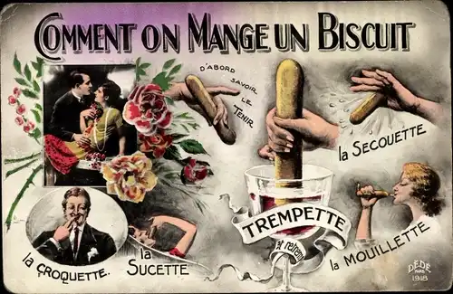 Ak Comment on Manga un Biscuit, La Croquette, La Sucette, Trempette, Liebespaar, Blumen