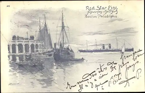 Künstler Ak Dampfer Red Star Line, Antwerpen-New York, Hafen, Schiffe
