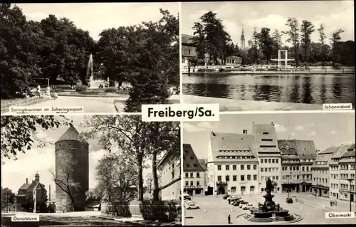 Ak Freiberg in Sachsen, Obermarkt, Springbrunnen im Scheringerpark, Johannisbad, Donatsdom