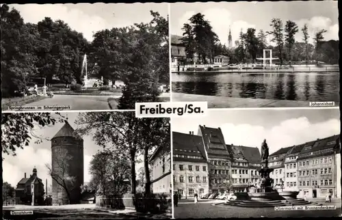 Ak Freiberg in Sachsen, Obermarkt, Springbrunnen im Scheringerpark, Johannisbad, Donatsturm