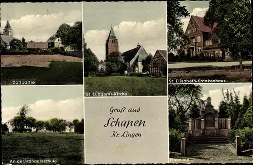 Ak Schapen Kreis Lingen, Dorfpartie, Handelsschule, St. Ludgerus Kirche, St. Elisabeth Krankenhaus