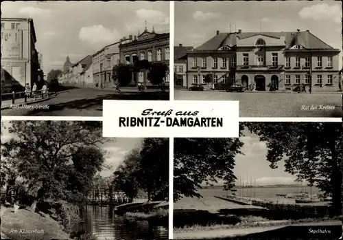 Ak Ribnitz Damgarten, Karl Marx Straße, Rat des Kreises, Segelhafen, am Klosterbach