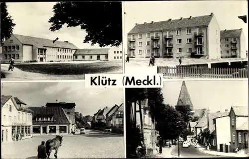Ak Klütz in Mecklenburg, Straßenpartie, Wohnhäuser, Kirche