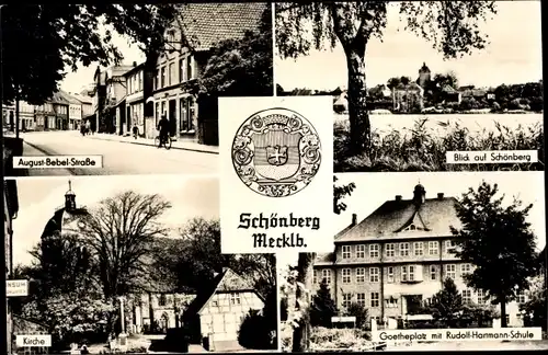 Ak Schönberg in Mecklenburg, August-Bebel-Straße, Teilansicht, Kirche, Goetheplatz mit Schule