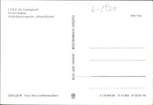 Ak Gadow Lanz Prignitz, FDGB Erholungsheim Alfred Schulze
