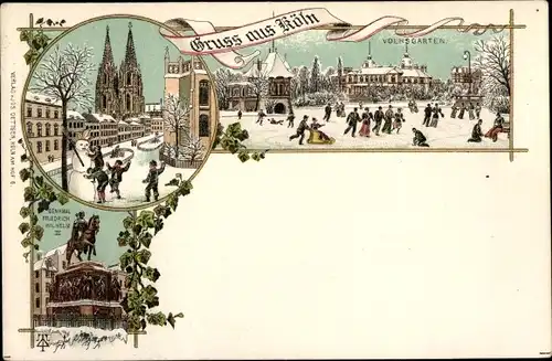 Winter Litho Köln am Rhein, Eisläufer im Volksgarten, Denkmal Friedrich Wilhelm II, Dom