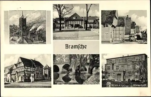 Ak Bramsche in Niedersachsen, Ehrenmal, Markt, Bahnhof, Münsterstraße, Webeschule