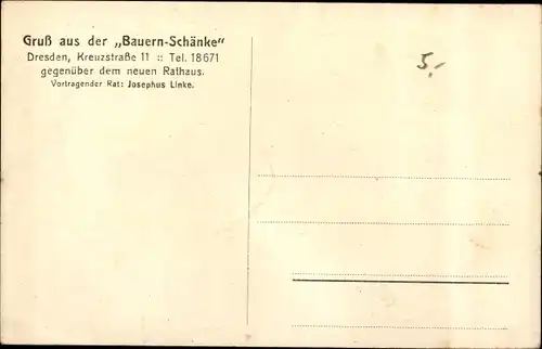 Ak Dresden, Bauernschänke, Innenansicht, Besucher, Vortragender Rat Josephus Linke, Kreuzstr. 11