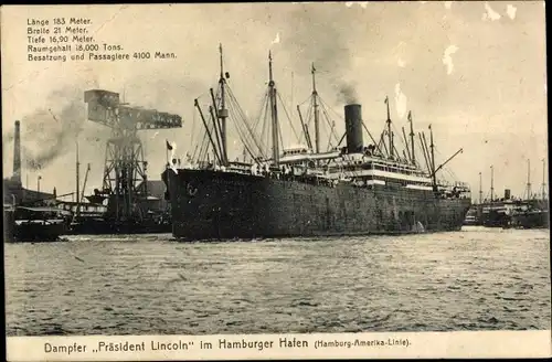 Ak Hamburg, Dampfer Präsident Lincoln im Hafen, HAPAG