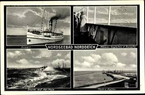 Ak Norddeich Norden Ostfriesland, Dampfer Frisia I., Mole, Hafen, Sturm, Möwen, Norden Frisia