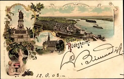 Litho Rüdesheim am Rhein, Rochuskapelle, Totalansicht, Engel, Denkmal