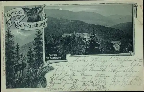 Mondschein Ak Schwarzburg im Schwarzatal Thüringen, Schloss vom Helenensitz gesehen