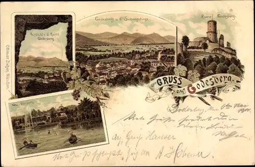 Litho Bad Godesberg Bonn am Rhein, Neuer Kurpark, Ruine Godesberg, Siebengebirge