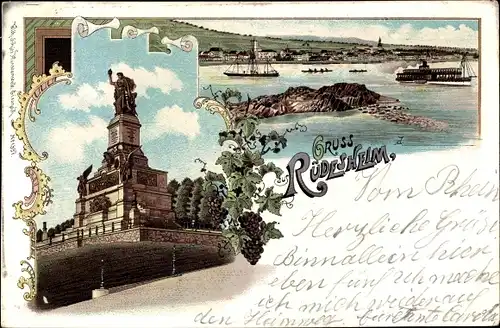 Litho Rüdesheim am Rhein, Denkmal, Dampfer, Rheinpartie