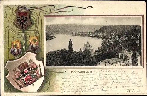 Präge Wappen Ak Boppard am Rhein, Blick auf den Ort, Blumen