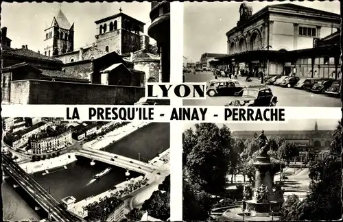 Ak Lyon Rhône, Basilique d'Ainay, Gare de Perrache, La Saone au pont Kitchner, Place Carnot