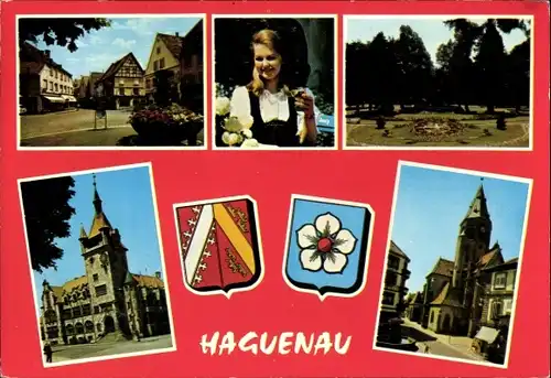 Wappen Ak Haguenau Hagenau im Elsass Bas Rhin, Stadtansichten, Tracht, Kirche, Platz, Park