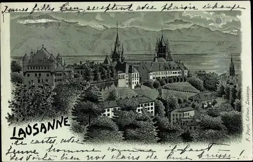 Mondschein Litho Lausanne Kanton Waadt Schweiz, Panorama