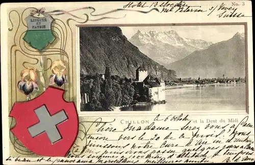 Präge Wappen Ak Chillon Montreux Kanton Waadt, Dent du Midi
