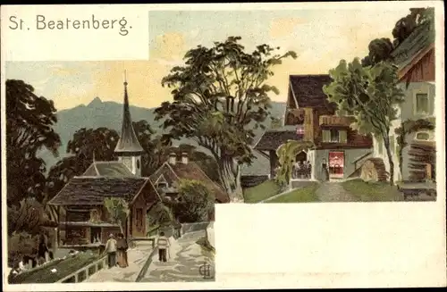 Künstler Litho Beatenberg Kanton Bern, Ortsansicht, Kirche