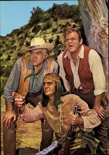 Ak Szenenbild Bonanza, Schauspieler Lorne Greene, Ben Cartwright, Dan Blocker, Hoss Cartwright