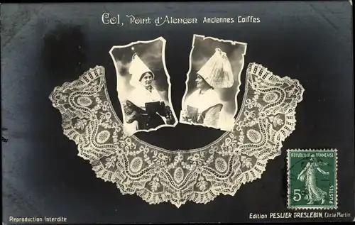 Ak Col, Point d'Alencon, Anciennes Coiffes, Trachten Normandie, Spitze