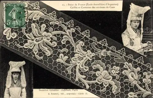 Ak Point de France, Ecole dentelliere d'Argentan, Klöppelwerk, Coiffes et Costumes de Caen