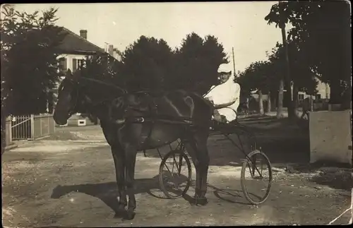 Foto Ak Fuhrwerk, Pferd, Ortsansicht, Häuser