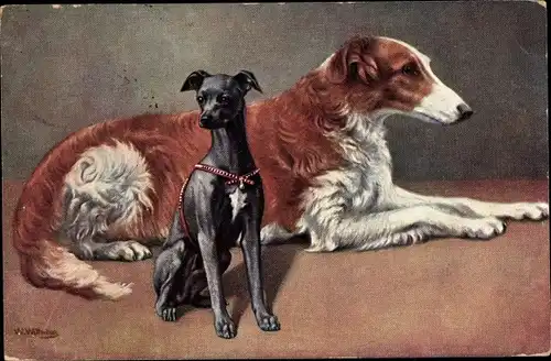 Künstler Ak Zwei Hunde, Schwarzer Hund