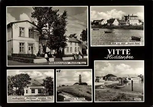 Ak Vitte Insel Hiddensee, Leuchtturm, Hafen, FDGB Erholungsheim Deutsches Haus, Kloster, Heiderose