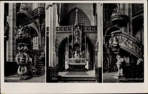 Ak Freiberg in Sachsen, Innenansichten des Doms, Tulpenkanzel, Altar, Bergmannskanzel